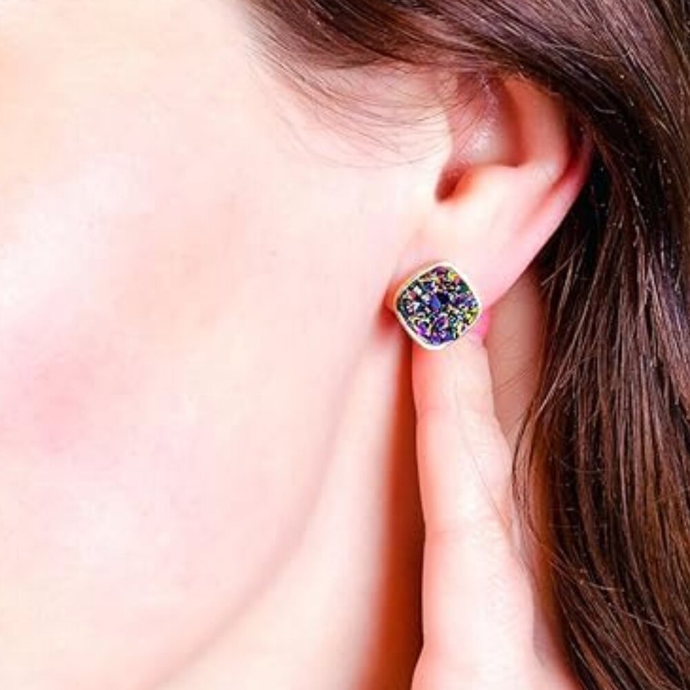Druzy Multicolor Square Stud Earrings
